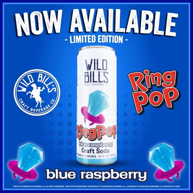 Wild Bill’s Blue Rasp Ring Pop Soda 12oz Cans 12ct Case