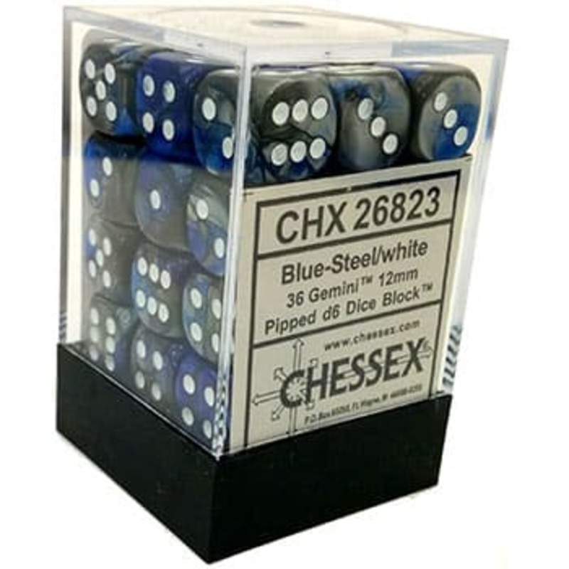 Gemini Blue-Steel/white 12mm D6 Dice Block (36 Dice)