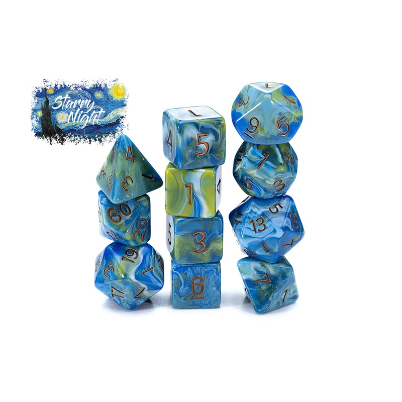 Van Gogh Dice – “Starry Night” – Painted Blues, Yellows, & White – 7pc Set