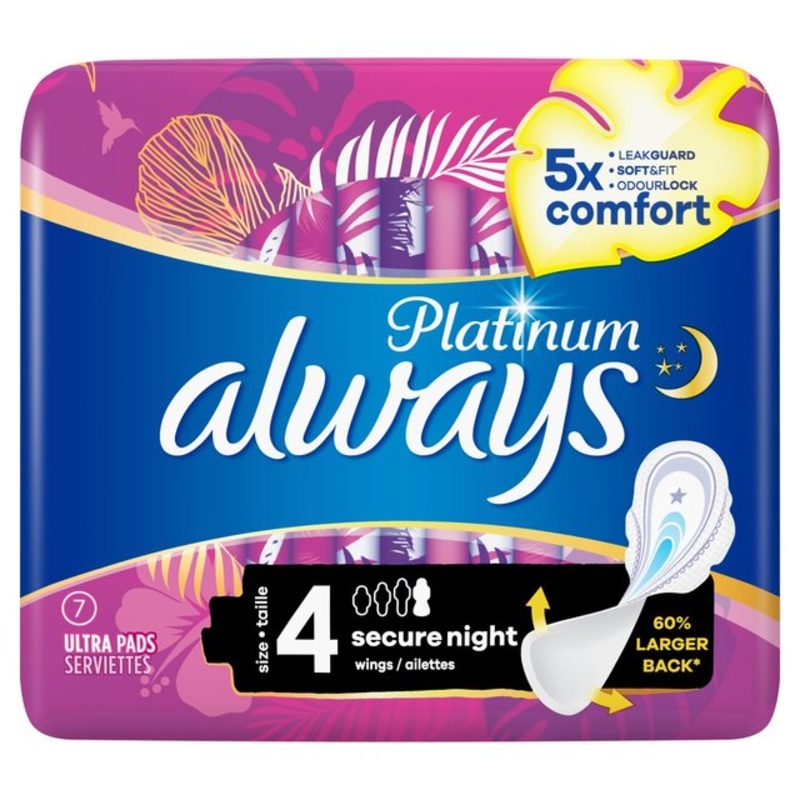 Always Platinum Pads Secure Night Size 4 Wings 7 per pack