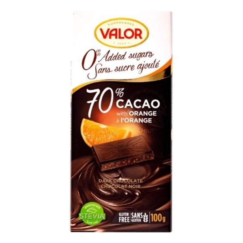 Valor No Sugar Added 70% Dark Chocolate with Orange 100g