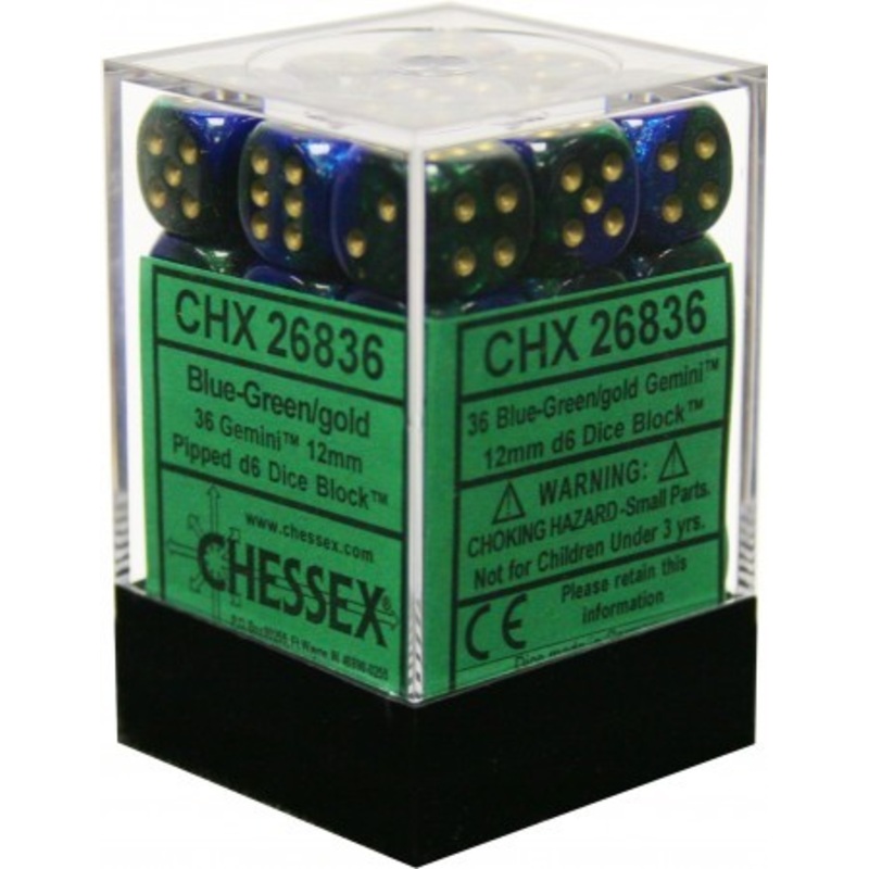 Gemini Blue-Green/gold 12mm D6 Dice Block (36 Dice)