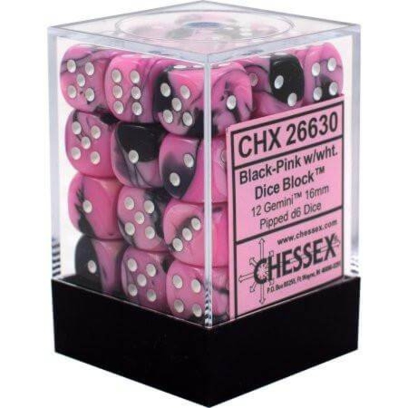 Gemini Black-Pink/white 12mm D6 Dice Block (36 Dice)