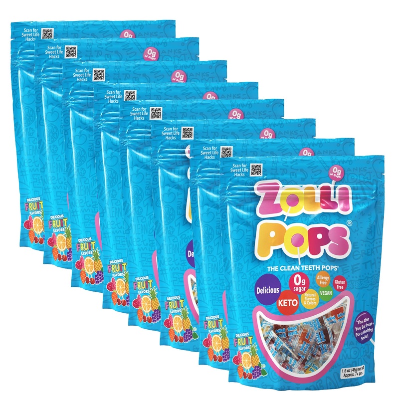 Zollipops Original Clean Teeth Sugar Free Lollipops Assorted Fruit Flavors – 8 Pack of 1.6oz Bags